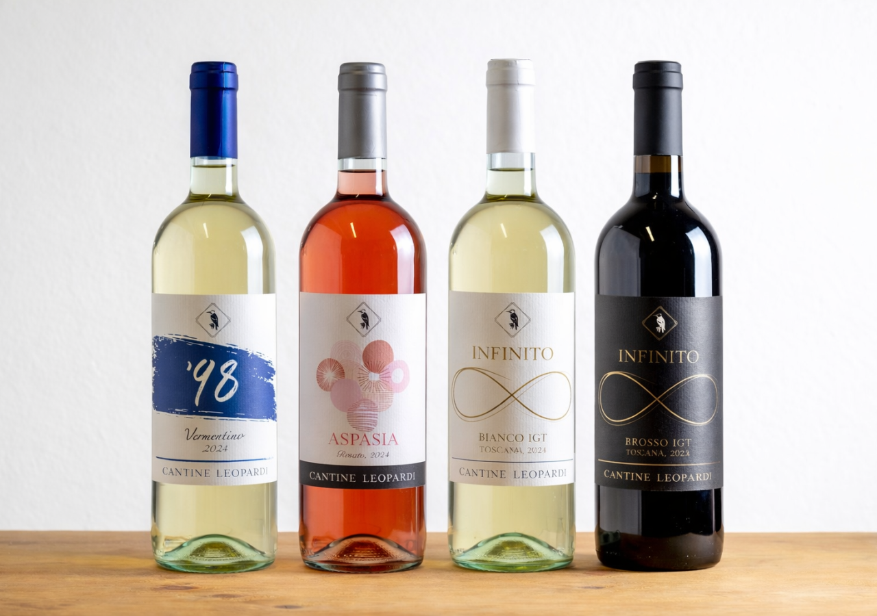 Quattro bottiglie di vino Cantine Leopardi disposte su un piano in legno: Vermentino ’48, Aspasia Rosato, Infinito Bianco IGT Toscana e Infinito Rosso IGT Toscana, su sfondo bianco.
