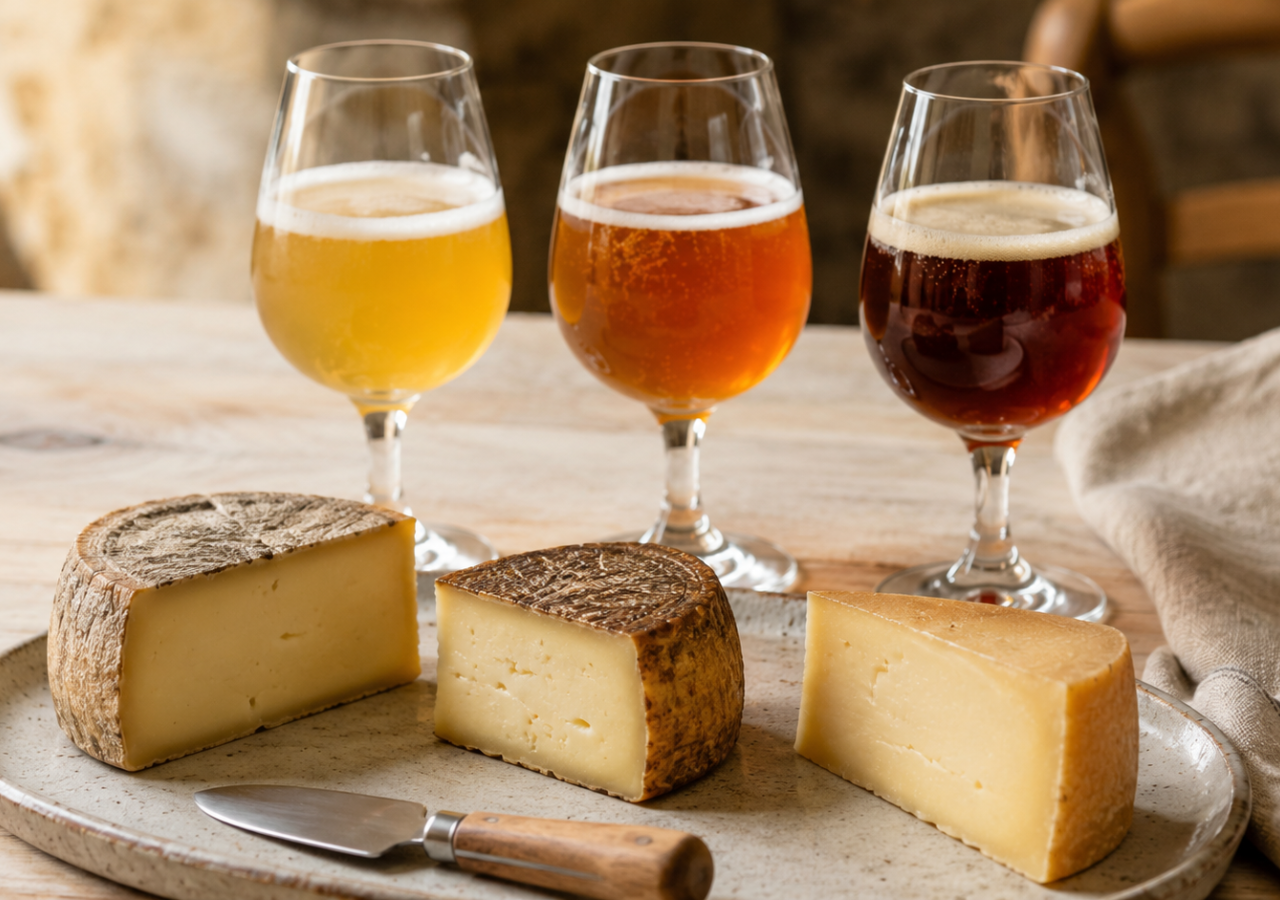 Tre porzioni di formaggio artigianale di diversa stagionatura, abbinate a tre calici di birra chiara, ambrata e scura.