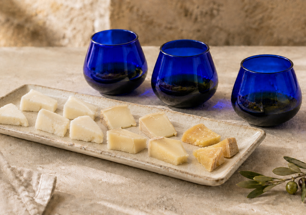 Assaggi di pecorini freschi, semistagionati e stagionati su un vassoio in ceramica, accanto a tre bicchierini blu per la degustazione dell’olio extravergine di oliva.