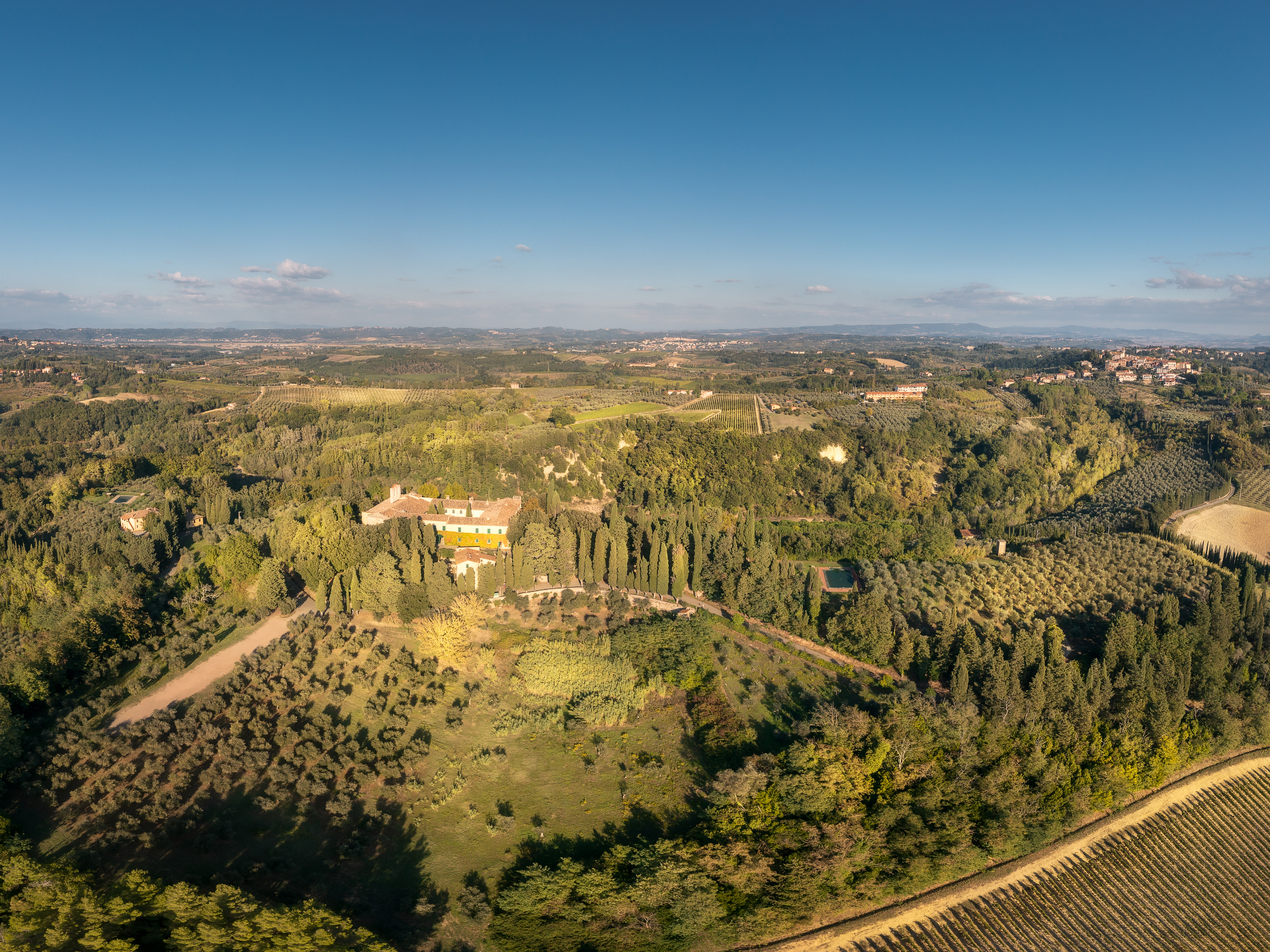 Veduta aerea delle colline di Morrona, nelle Terre di Pisa, con vigneti, oliveti, cipressi e un casale immerso nel paesaggio rurale.

