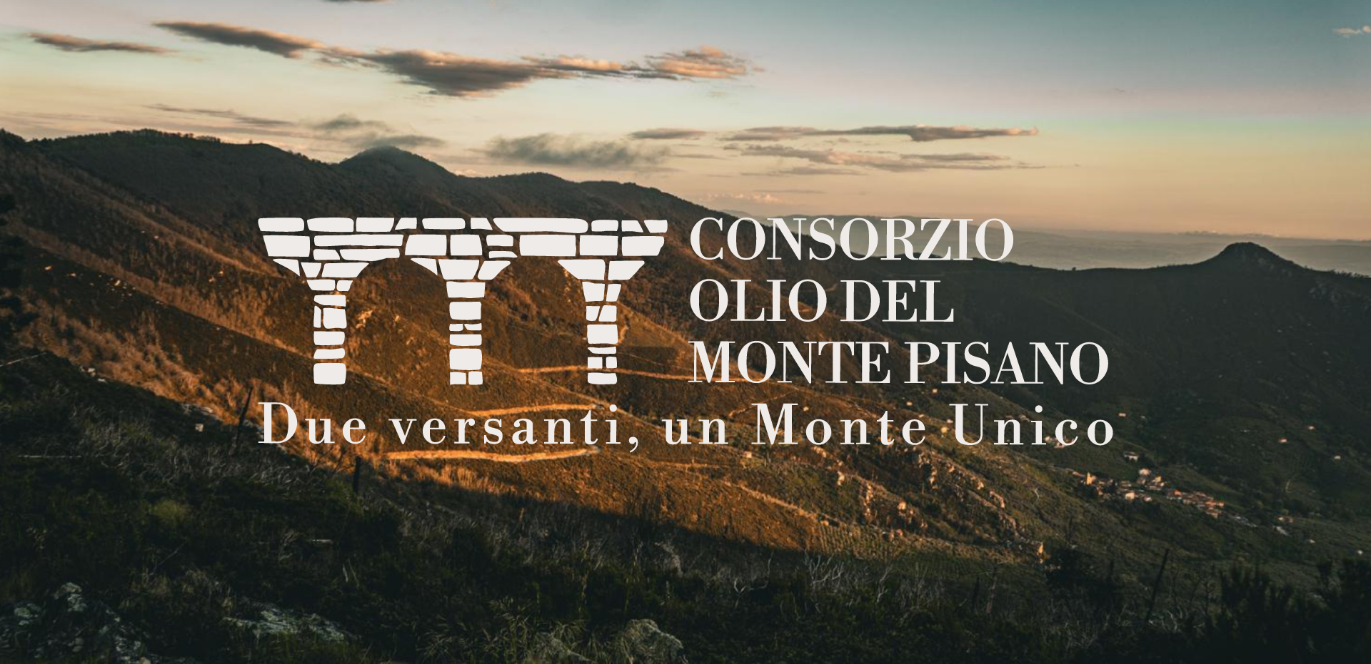 Logo verde del Consorzio Olio del Monte Pisano, con tre colonne stilizzate in pietra affiancate dal nome del Consorzio.