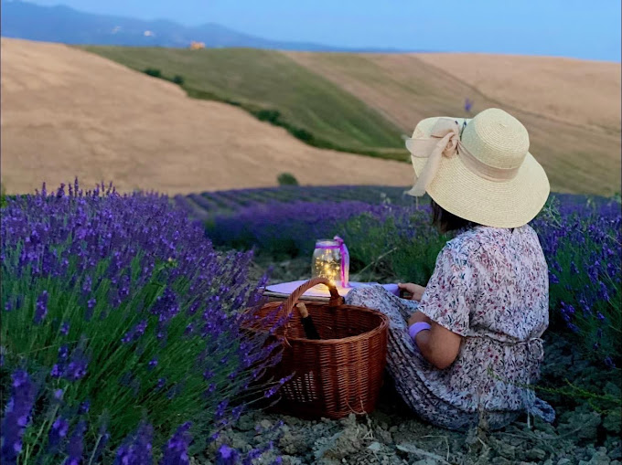 Donna con cappello di paglia seduta tra i filari di lavanda, accanto a un cestino da picnic e a una lanterna, con colline toscane e il mare sullo sfondo.