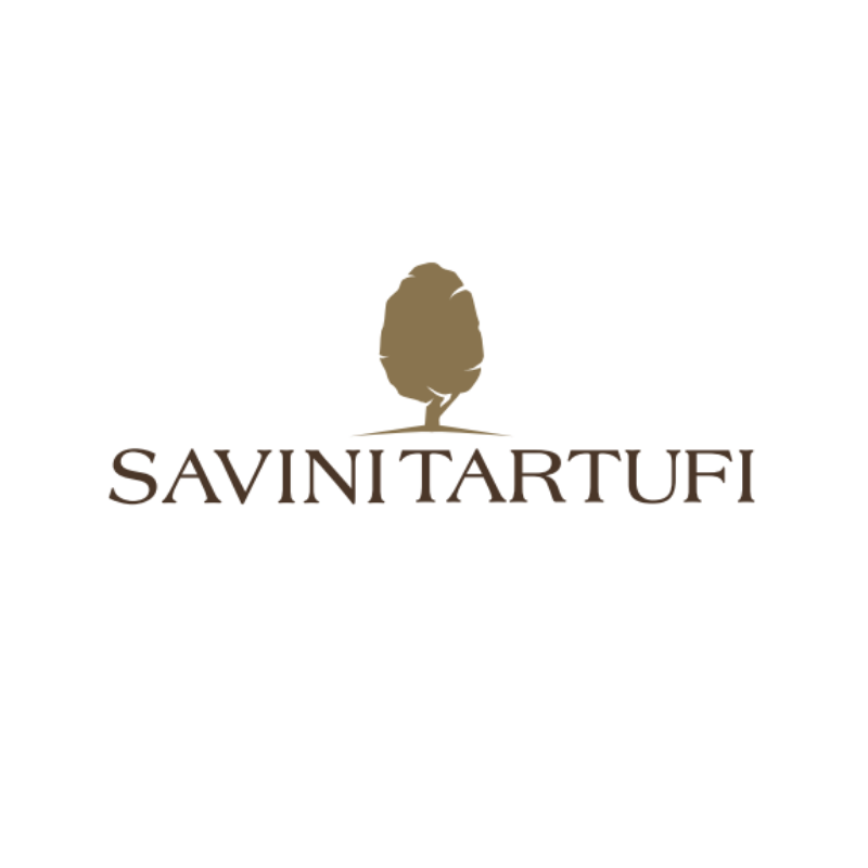 Tartufi bianchi pregiati appena raccolti, disposti su un tessuto a quadri con il logo Savini Tartufi ricamato.