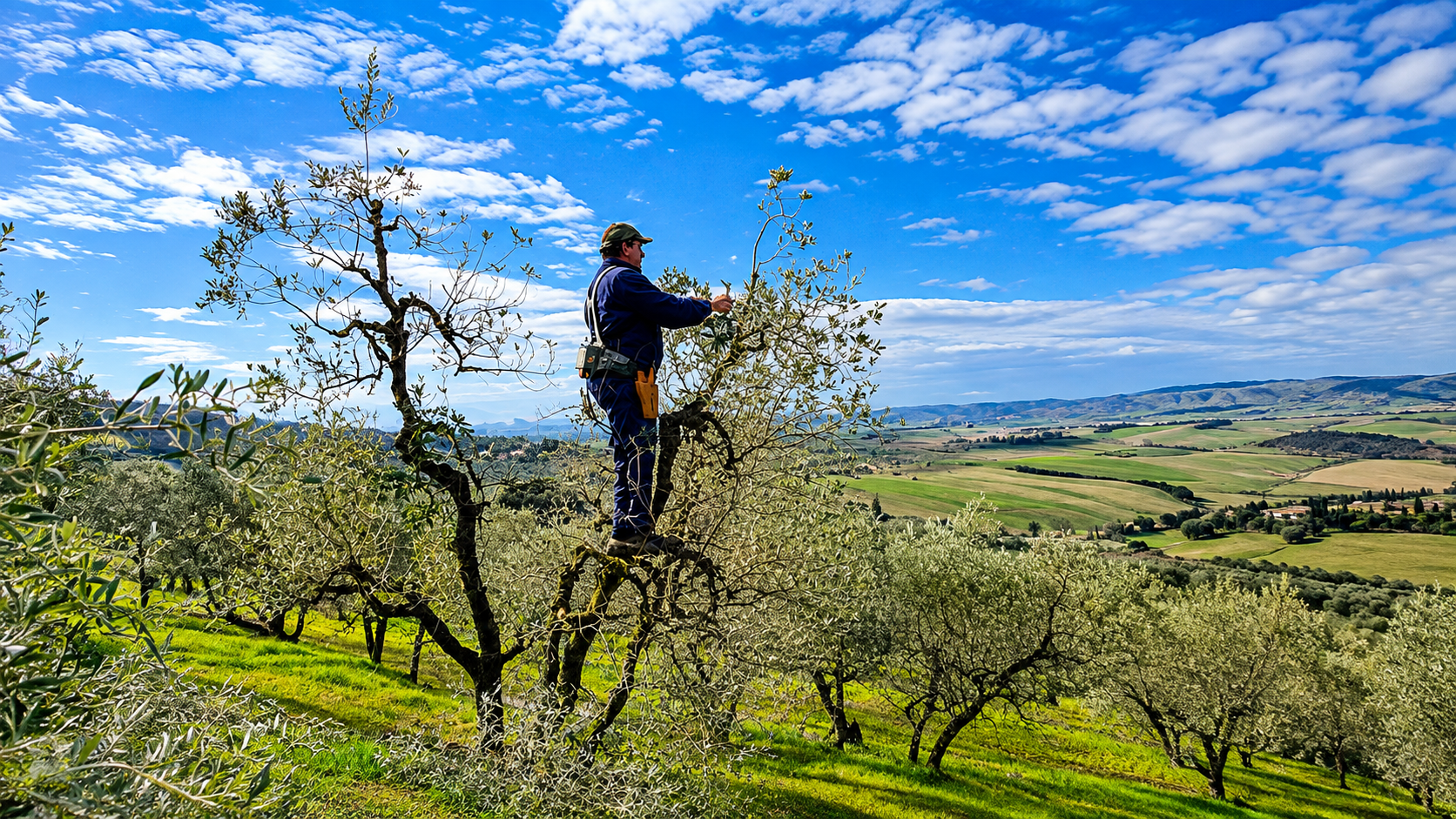 Agricoltore al lavoro tra i rami di un ulivo, in un oliveto sulle colline toscane, con campi e rilievi sullo sfondo sotto un ampio cielo azzurro.