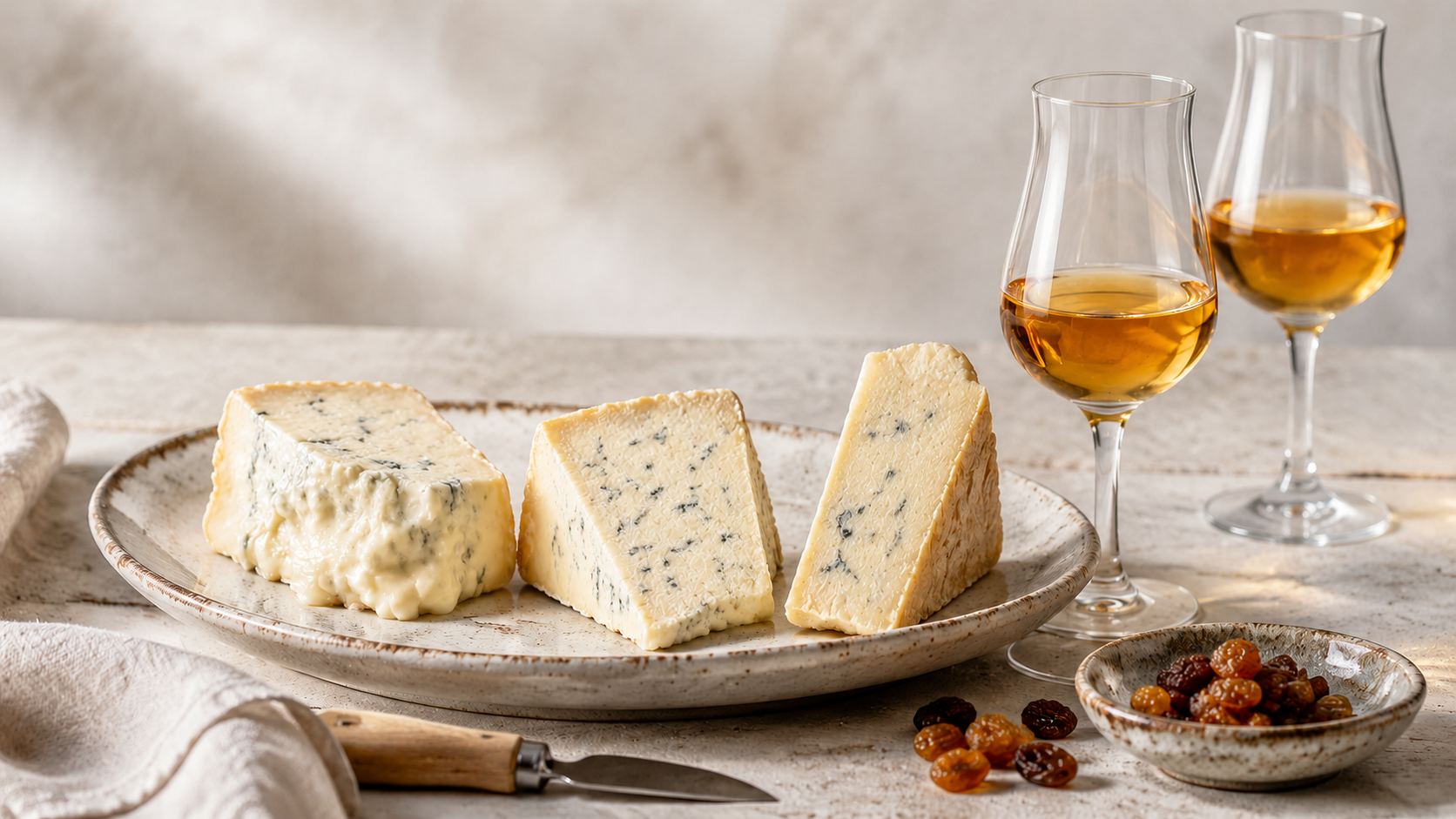 Tre porzioni di formaggio erborinato dalle delicate venature grigio-azzurre, abbinate a due calici di vino passito ambrato.