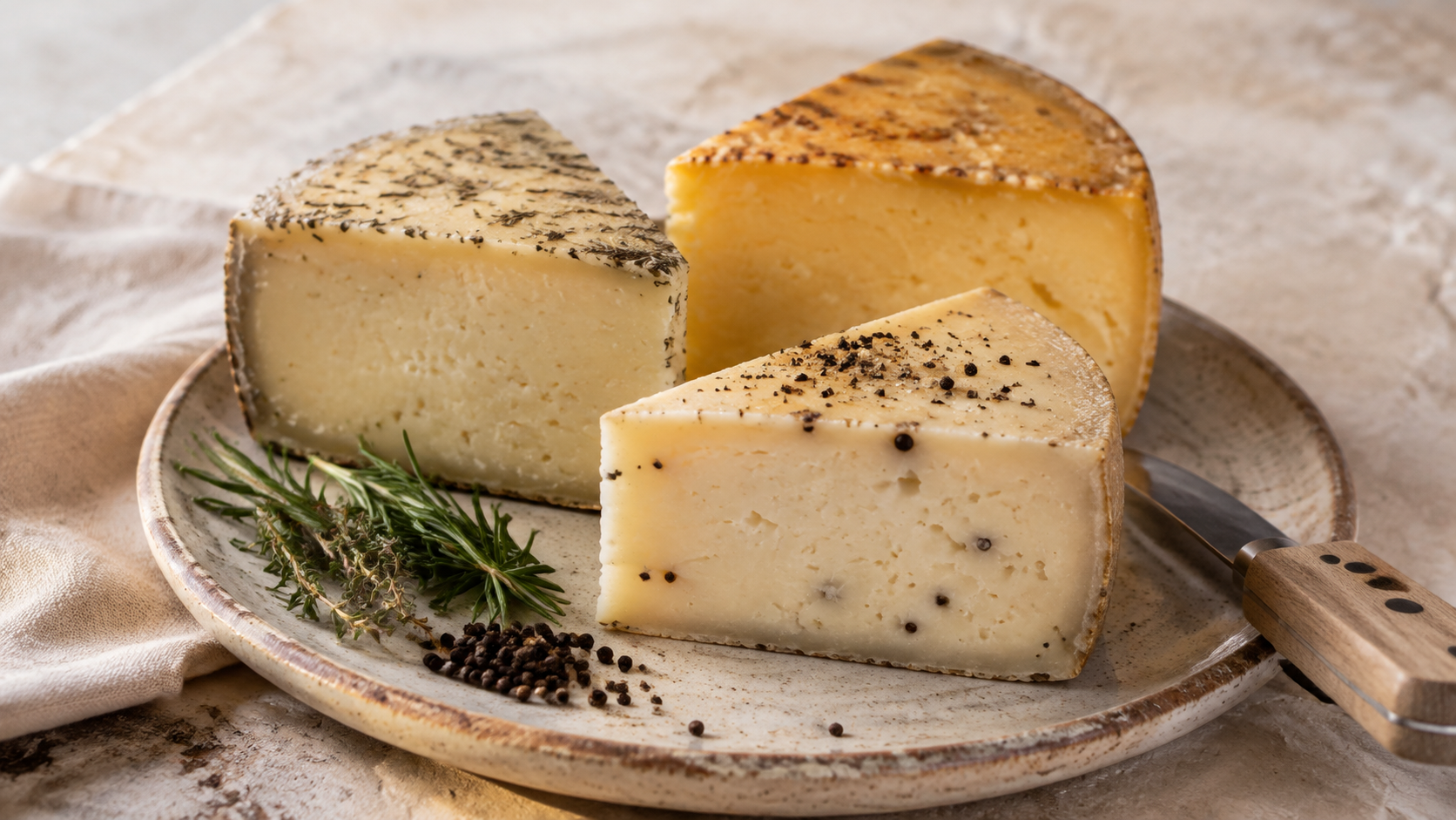 Tre spicchi di formaggio artigianale aromatizzati con erbe, pepe e spezie, disposti su un piatto in ceramica con rosmarino, timo e grani di pepe.