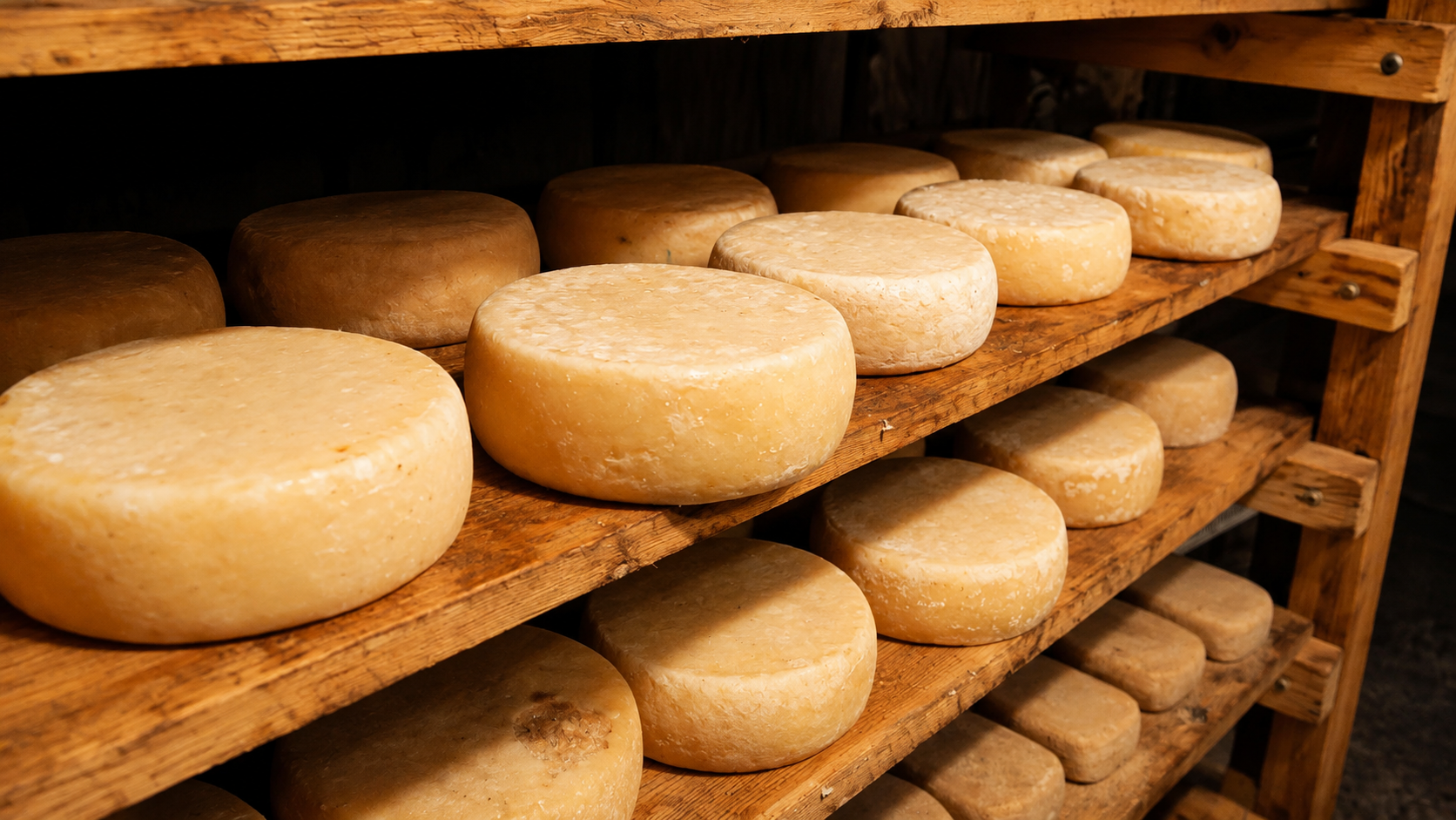 Forme di formaggio artigianale in stagionatura, disposte su scaffali di legno all’interno di un ambiente rustico.