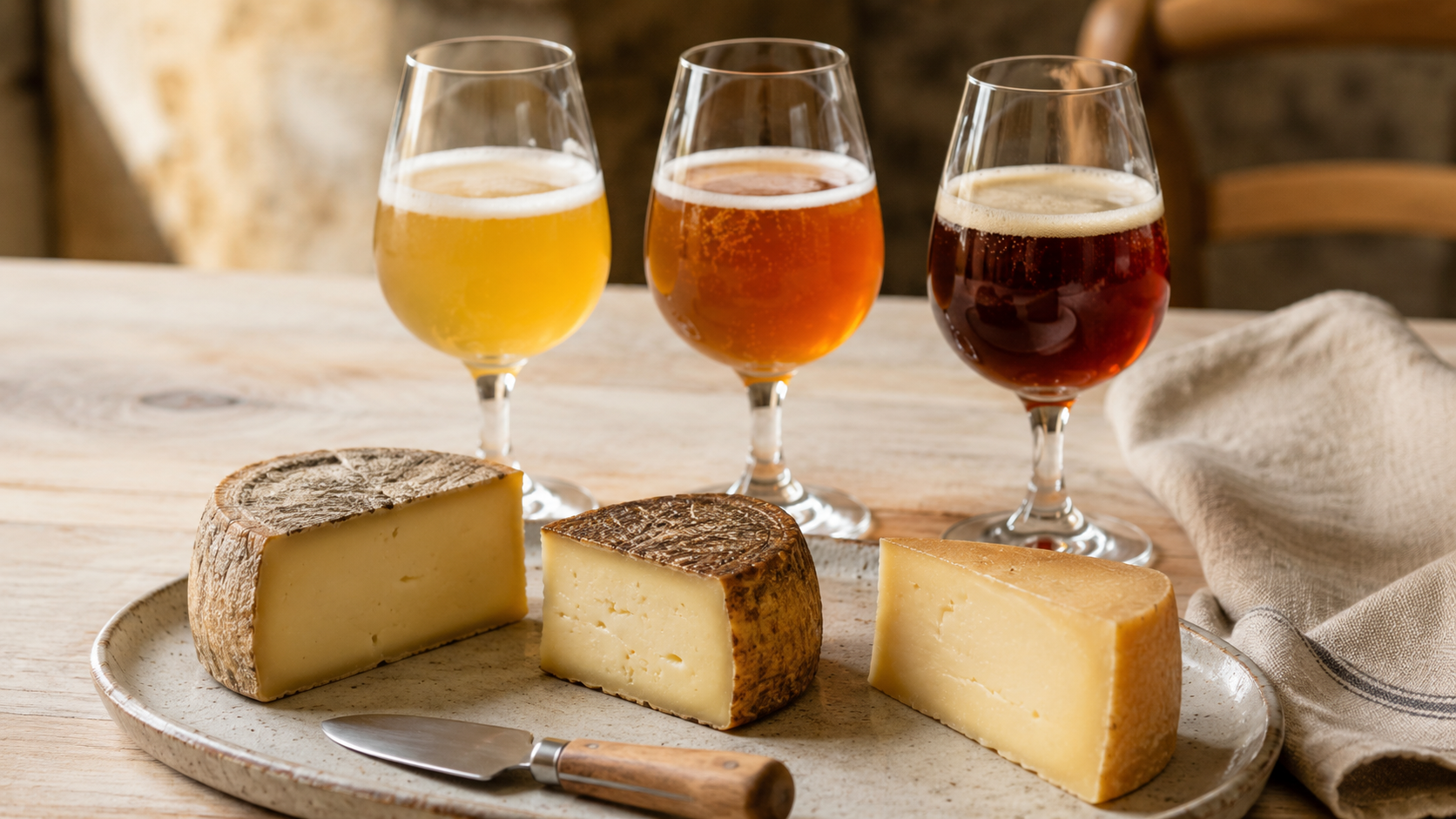 Tre porzioni di formaggio artigianale di diversa stagionatura, abbinate a tre calici di birra chiara, ambrata e scura.