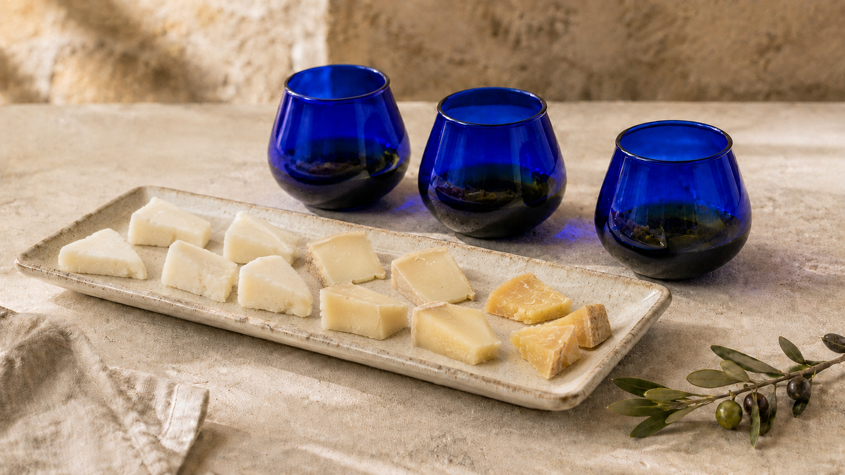 Assaggi di pecorini freschi, semistagionati e stagionati su un vassoio in ceramica, accanto a tre bicchierini blu per la degustazione dell’olio extravergine di oliva.