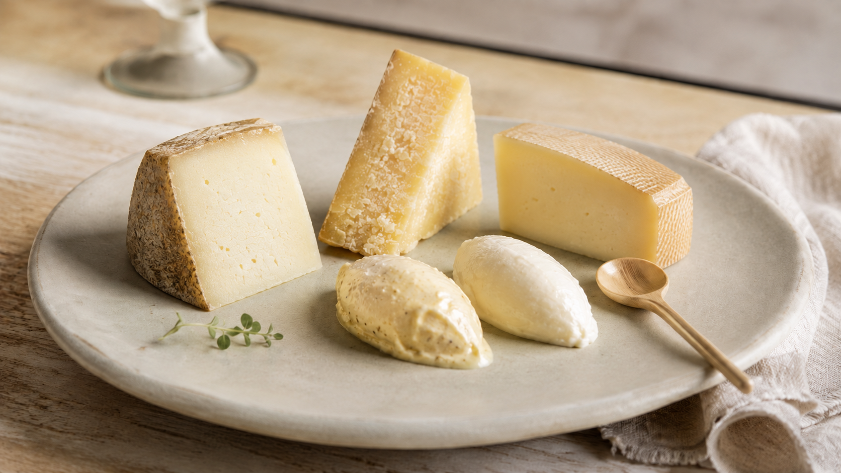 Tre spicchi di pecorino di diverse stagionature accompagnati da due quenelle di gelato artigianale, disposti su un piatto in ceramica con un cucchiaino di legno.