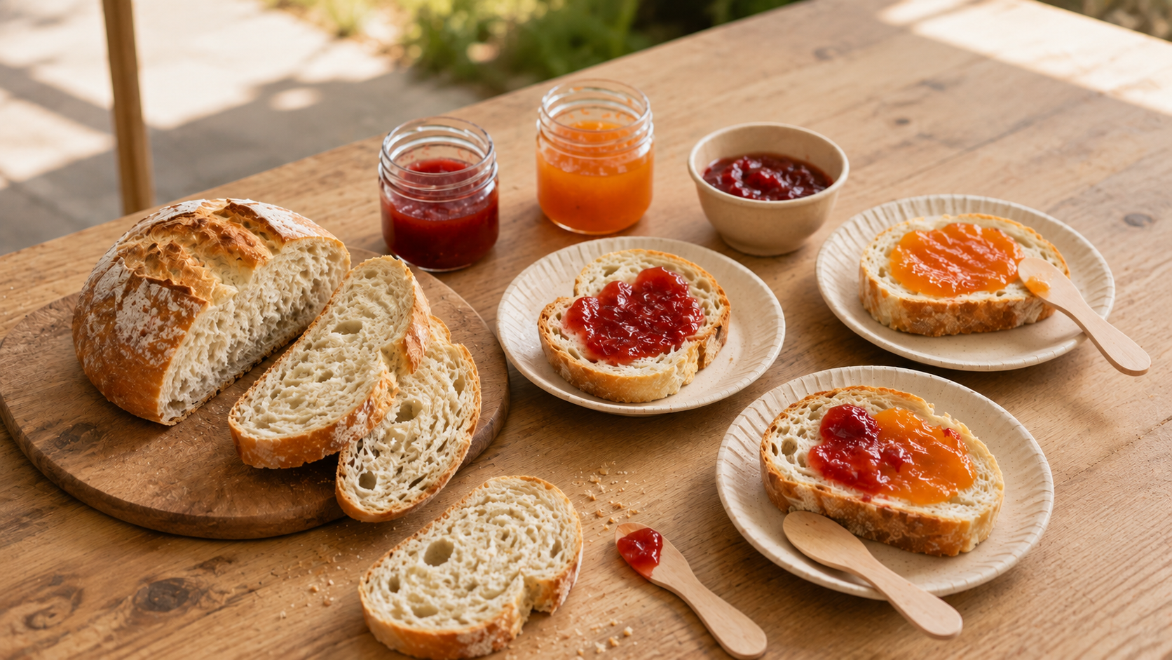 Pane rustico affettato e fette con marmellata di fragole e albicocche, servite su piattini di carta durante una merenda-laboratorio all’aperto.