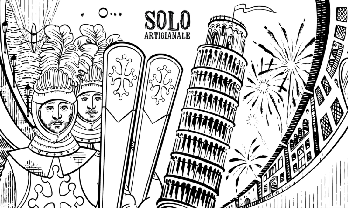 Illustrazione in bianco e nero con cavalieri in abiti storici, scudi con la croce pisana, Torre di Pisa, fuochi d’artificio e scorcio urbano; in alto la scritta “Solo Artigianale”.