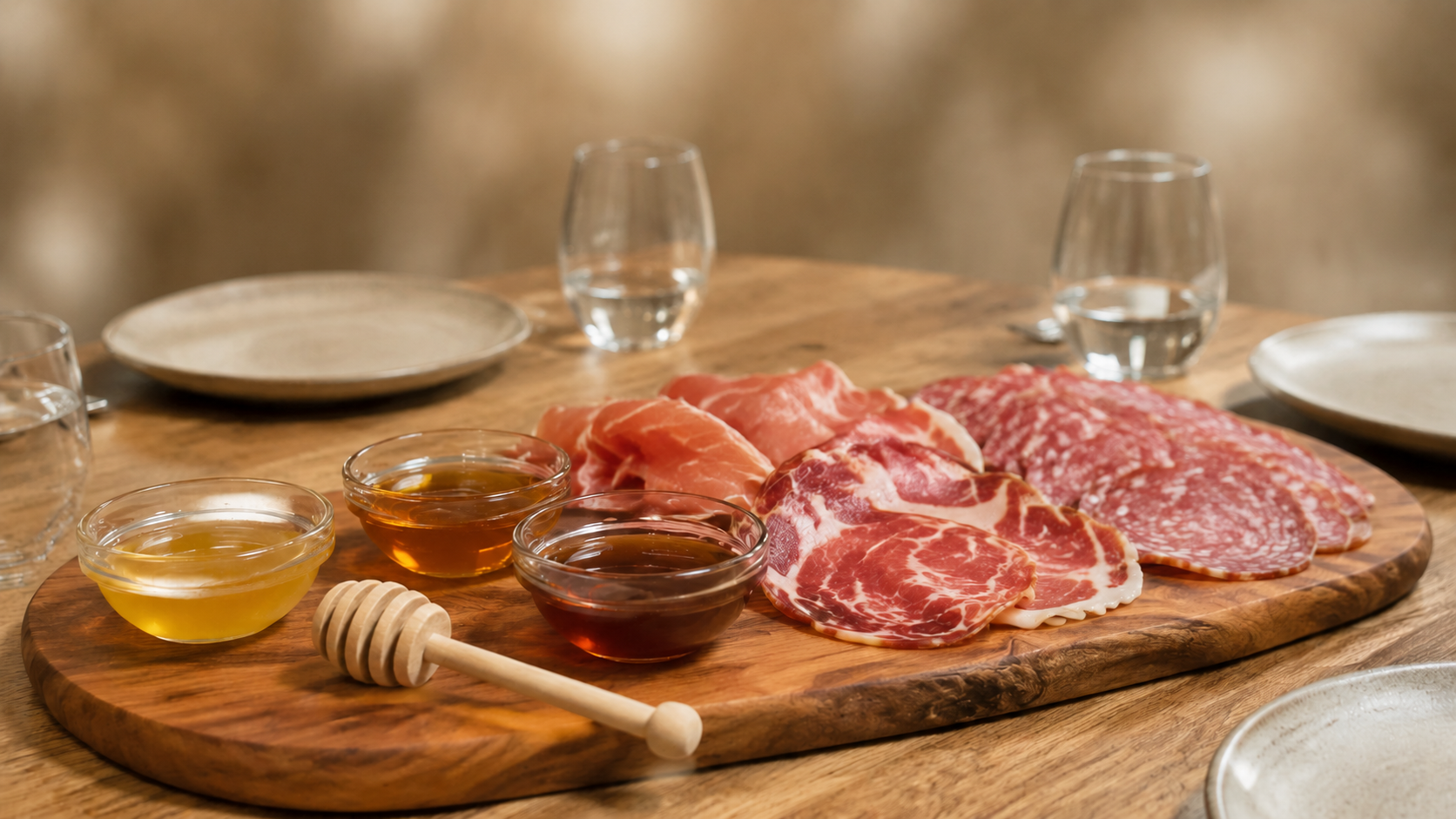 Tagliere con prosciutto, salame e capocollo accompagnati da tre ciotole di miele, su uno sfondo neutro e sfocato