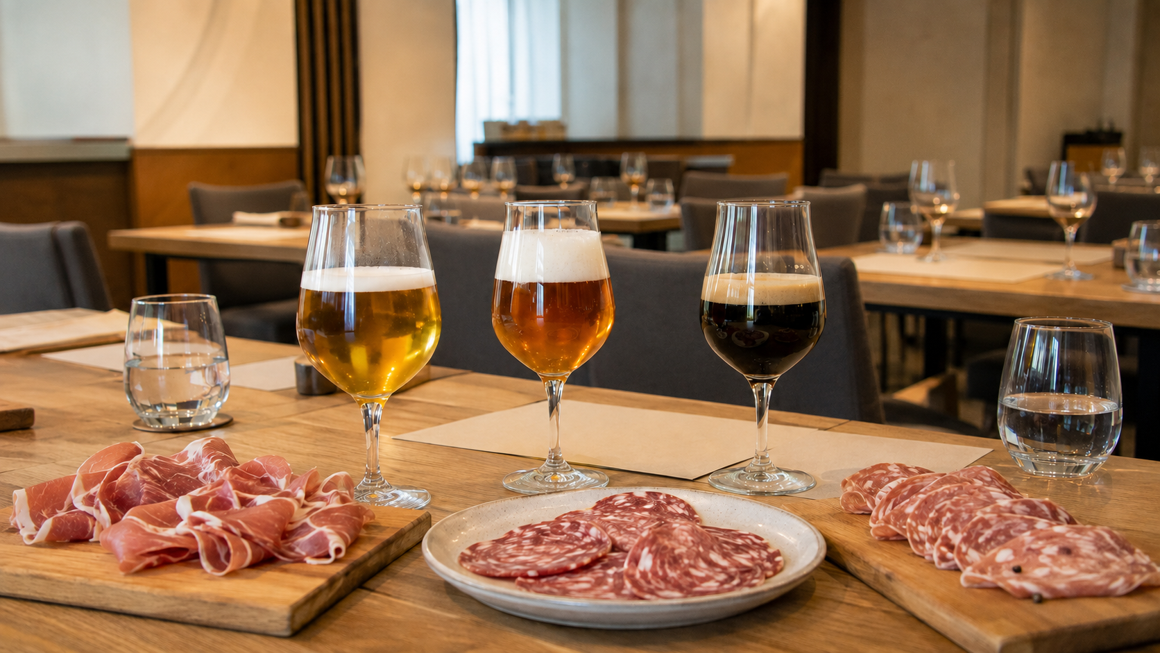 Tre calici di birra chiara, ambrata e scura accompagnati da taglieri di salumi, disposti su un tavolo in una sala degustazione vuota.