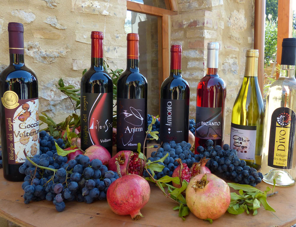 Bottiglie di vino del Rifugio dei Sogni esposte su un tavolo in legno, circondate da grappoli d’uva nera e melograni, sullo sfondo di una struttura in pietra e legno. foto sito rifugioseisogni