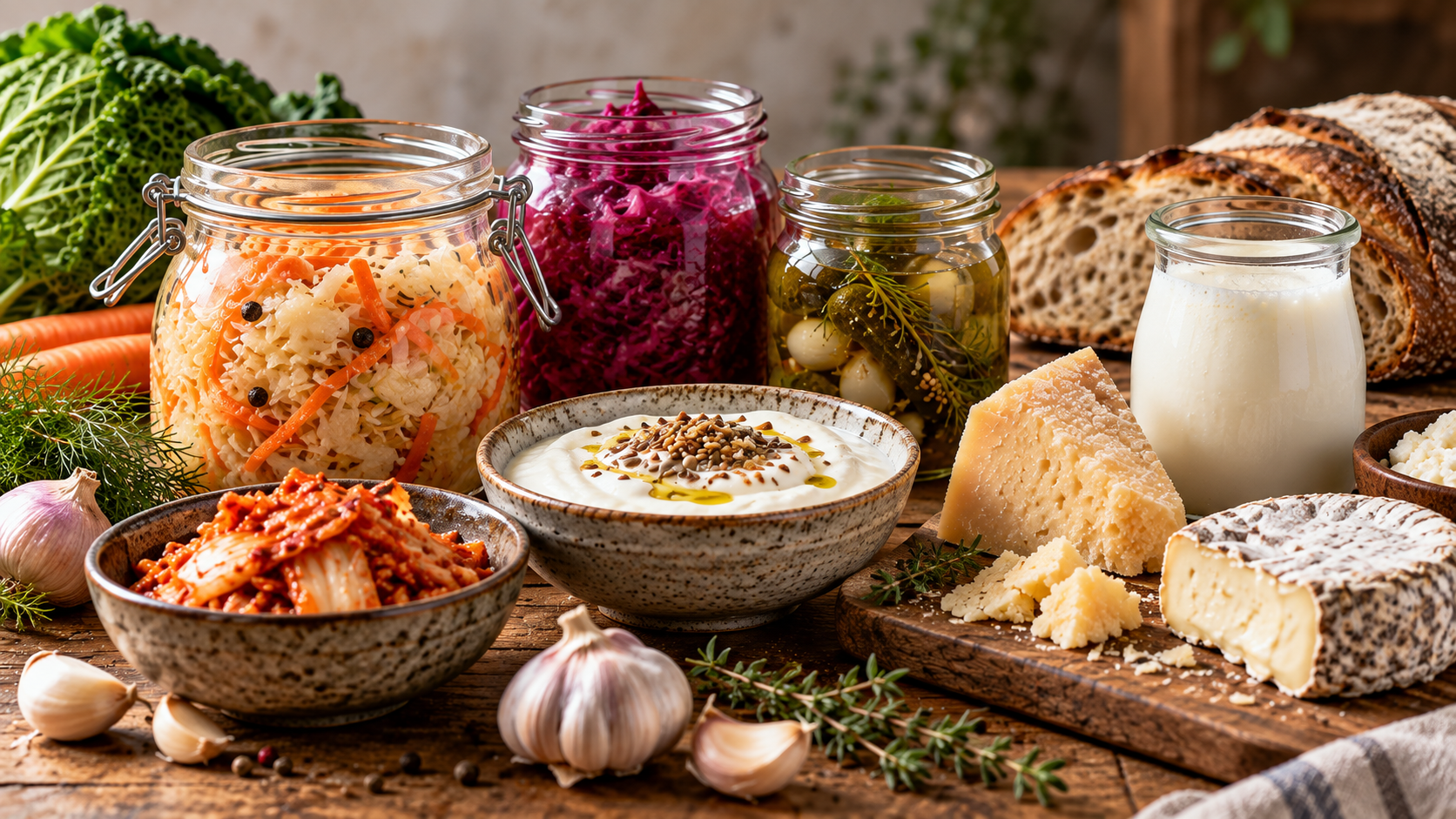 Tavolo rustico in legno con una composizione realistica di alimenti fermentati e prodotti artigianali. In primo piano si vedono barattoli di crauti, cavolo viola fermentato e cetriolini in salamoia, una ciotola di kimchi, una ciotola di yogurt bianco con semi in superficie, una bottiglia di latte fermentato o kefir, formaggi stagionati e a crosta fiorita, pagnotte di pane rustico, aglio, erbe aromatiche e alcune verdure fresche sullo sfondo. L’immagine richiama il tema del ruolo dei microrganismi nella qualità degli alimenti fermentati.