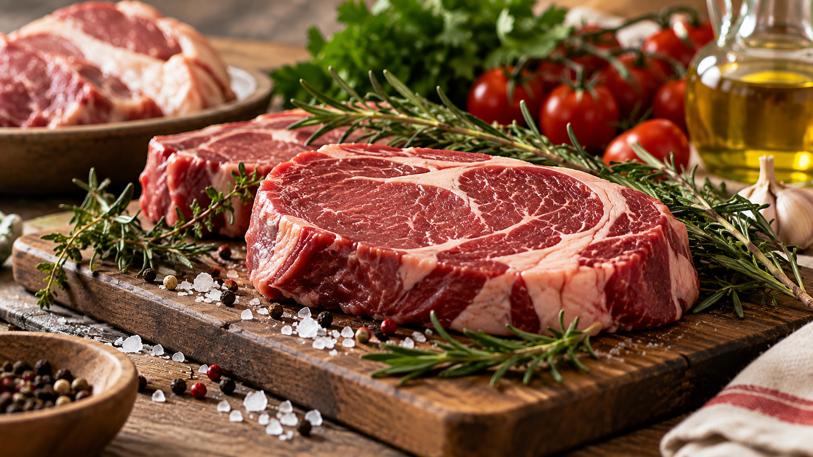 Tagli di carne bovina cruda disposti su un tagliere di legno, con rosmarino, sale grosso e grani di pepe. Sullo sfondo si vedono pomodori, verdure a foglia verde, aglio e una bottiglia di olio. L’immagine richiama il tema della carne e del suo ruolo nell’alimentazione, inserendola in un contesto gastronomico equilibrato