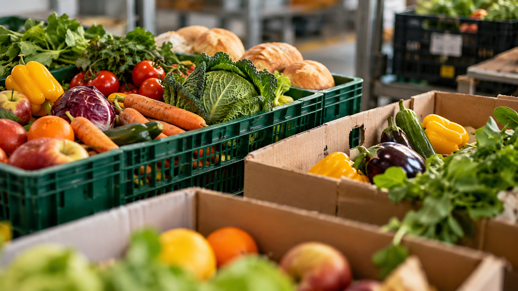 Cassette e scatole colme di frutta, verdura e pane all’interno di un magazzino per la raccolta e la redistribuzione alimentare. In primo piano si vedono mele, arance, carote, pomodori, cavoli, peperoni, melanzane e insalata, mentre sullo sfondo compaiono altre cassette con prodotti freschi. L’immagine richiama il recupero delle eccedenze e la logistica necessaria per ridurre lo spreco alimentare.