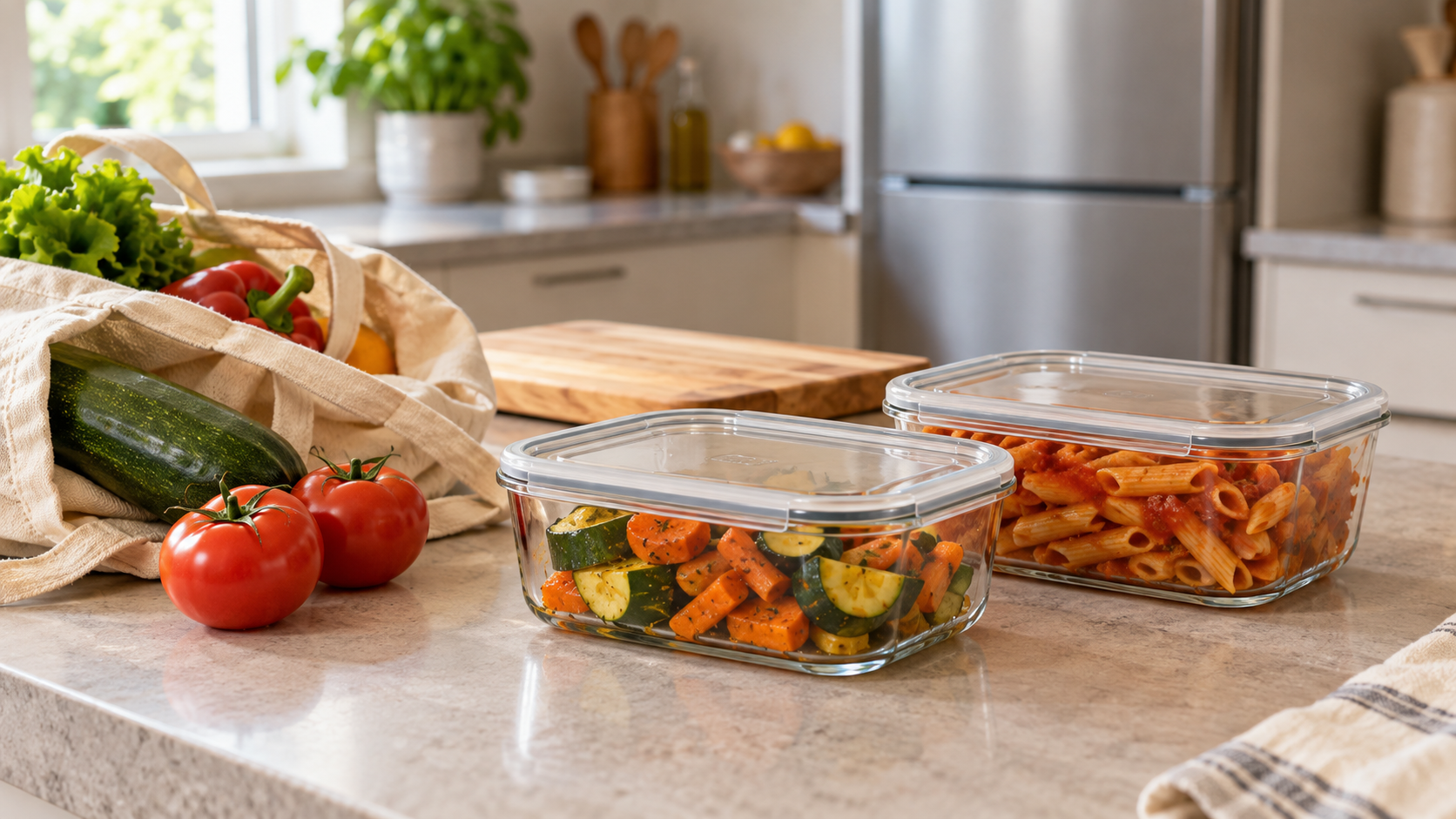 Contenitori trasparenti chiusi con verdure cotte e pasta al pomodoro su un piano di cucina, accanto a una borsa della spesa con ortaggi freschi; sullo sfondo un frigorifero.