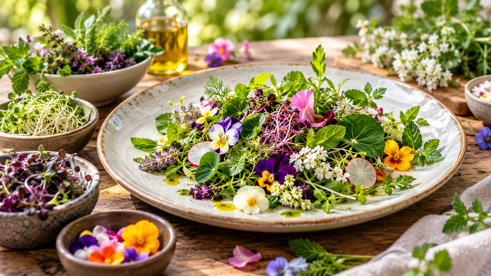 Piatto con erbe spontanee, germogli e fiori commestibili colorati, accompagnato da ciotole con microgreens ed erbe fresche su un tavolo di legno