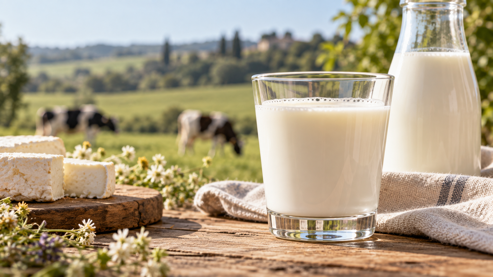 Bicchiere e bottiglia di latte su un tavolo di legno, con formaggi freschi e fiori di campo; sullo sfondo, mucche al pascolo tra le colline.