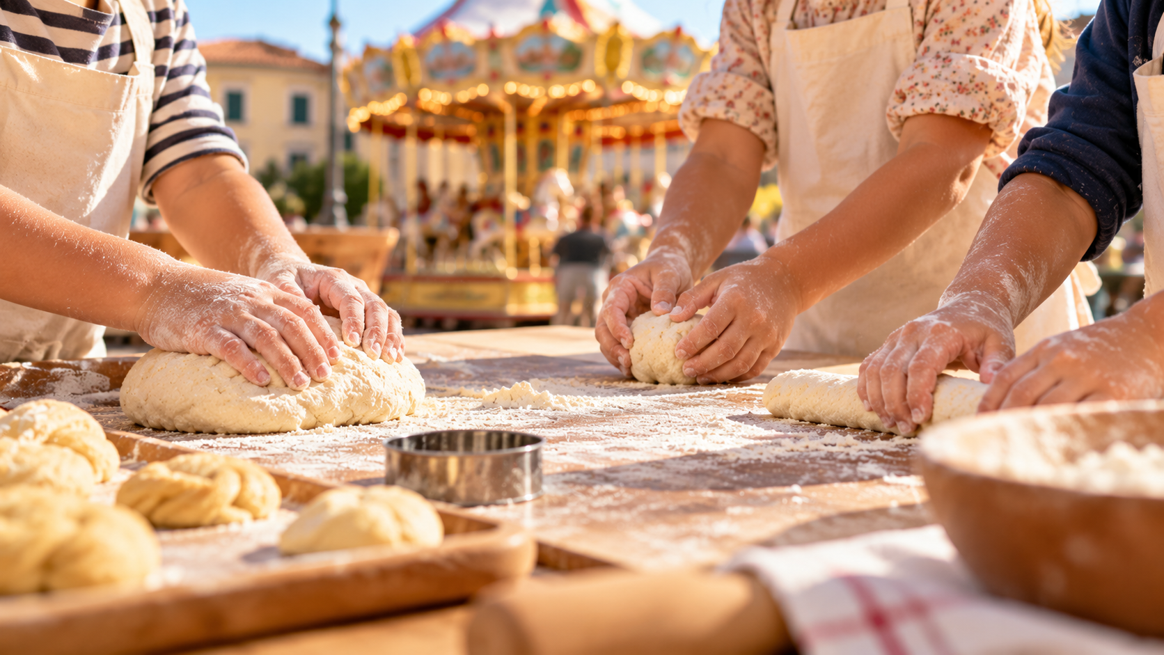 Dettaglio delle mani di tre bambini che impastano e modellano il pane su un tavolo di legno infarinato. In primo piano, impasti e strumenti per la panificazione; sullo sfondo, una giostra sfocata. Nessun volto visibile.