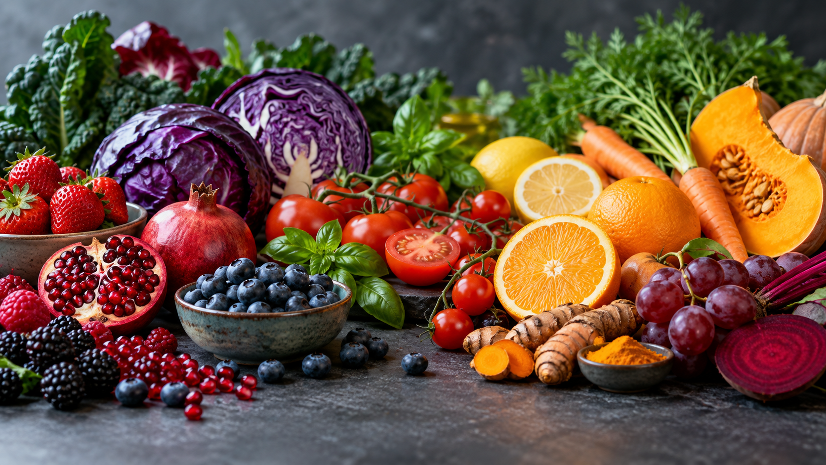 Natura morta fotografica in formato orizzontale con una selezione di frutta, verdura e spezie dai colori vivaci disposte su un piano scuro. In primo piano si vedono melagrana, frutti di bosco, mirtilli, pomodori, uva rossa, barbabietola e curcuma; sullo sfondo cavolo viola, cavolo riccio, basilico, limone, arance, carote e zucca. L’immagine richiama il tema della nutraceutica attraverso la varietà cromatica degli alimenti vegetali.