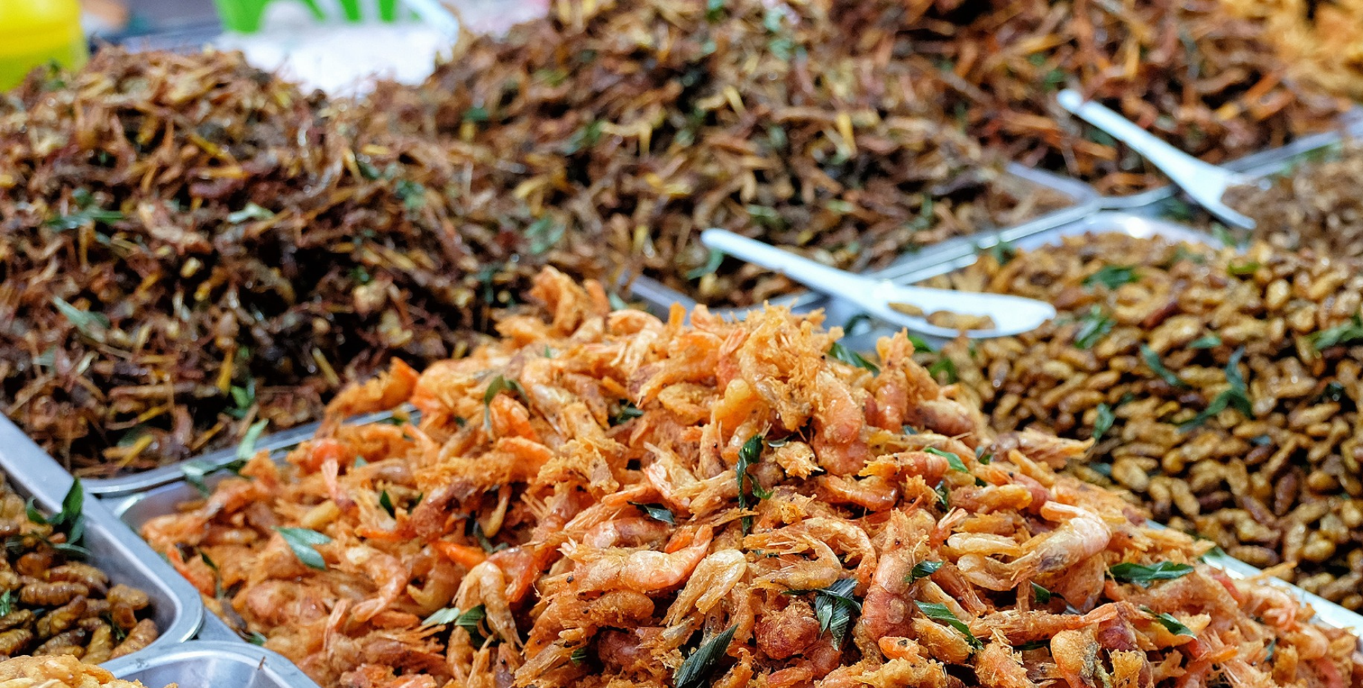 Banco gastronomico con grandi vassoi metallici pieni di alimenti fritti disposti in mucchi. In primo piano si vede un vassoio colmo di piccoli crostacei fritti, mentre sullo sfondo compaiono altri vassoi con insetti e larve commestibili, alcuni con pinze da servizio appoggiate sopra. La scena è ripresa da vicino e trasmette l’idea di un’esposizione di street food o mercato alimentare.