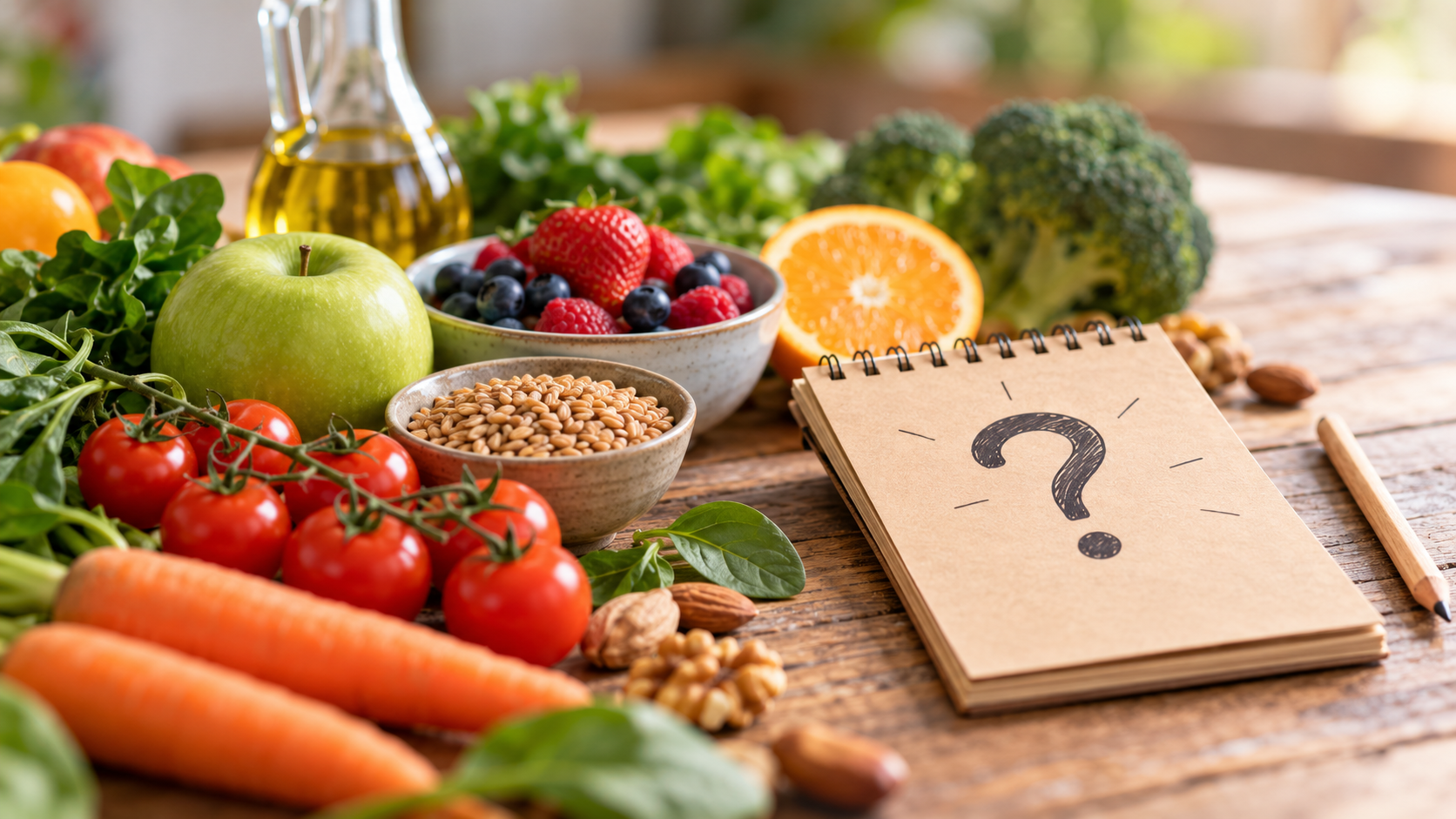Frutta, verdura, cereali e altri alimenti freschi disposti su un tavolo accanto a un quaderno con un punto interrogativo, per rappresentare un quiz dedicato all’alimentazione.