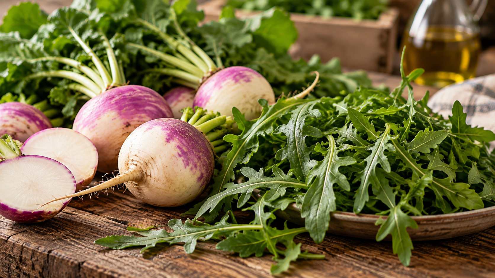 Rape bianche e viola, alcune intere e altre tagliate a metà, disposte su un tavolo rustico accanto a un piatto colmo di rucola fresca. Sullo sfondo si vedono le foglie delle rape, una cassetta di verdure e una bottiglia di olio. L’immagine richiama il sapore pungente e le caratteristiche naturali di rapa e rucola