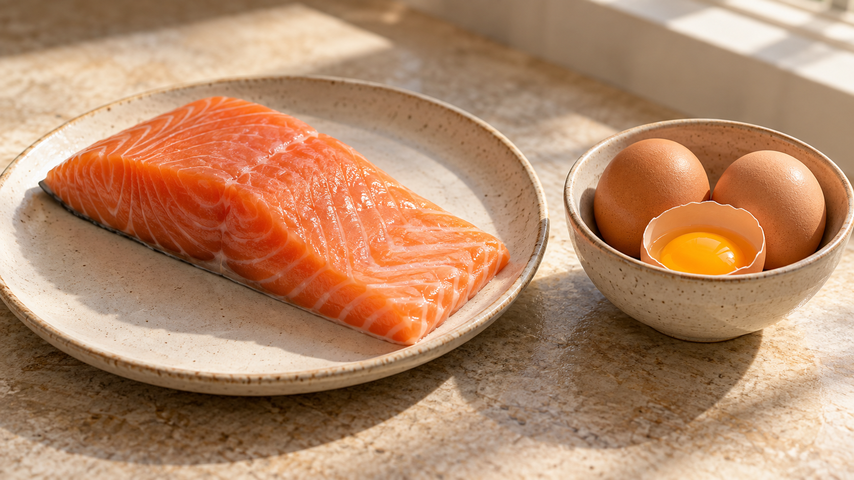 Filetto di salmone su un piatto in ceramica, accanto a una ciotola con uova intere e un tuorlo nel guscio, su un piano chiaro illuminato dalla luce naturale.