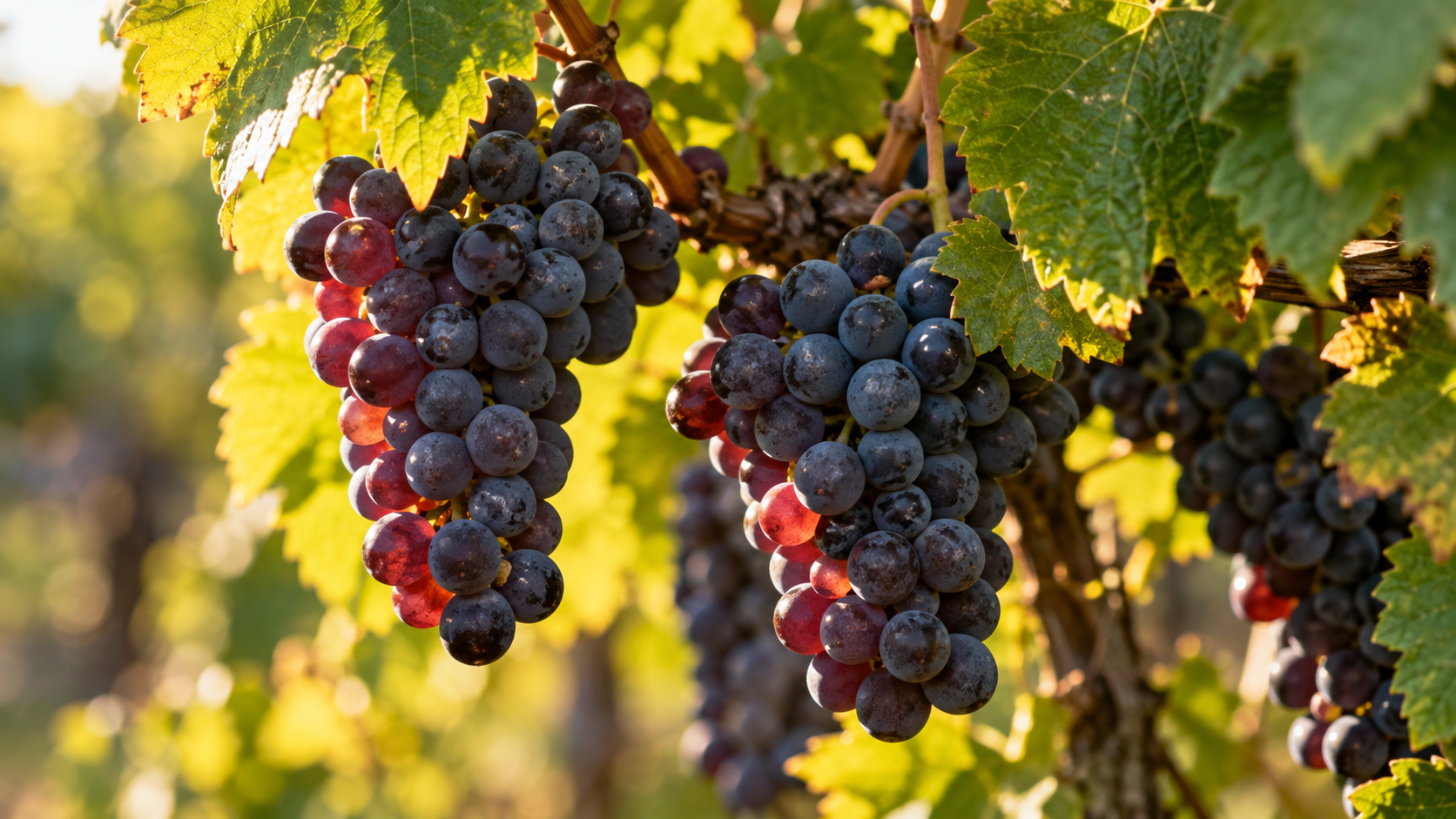Dettaglio ravvicinato di grappoli d’uva rossa e viola maturi ancora sulla vite, illuminati dalla luce calda del sole. Le foglie verdi incorniciano i grappoli, mentre lo sfondo del vigneto è sfocato. L’immagine richiama il rapporto tra clima, maturazione dell’uva e caratteristiche del vino.