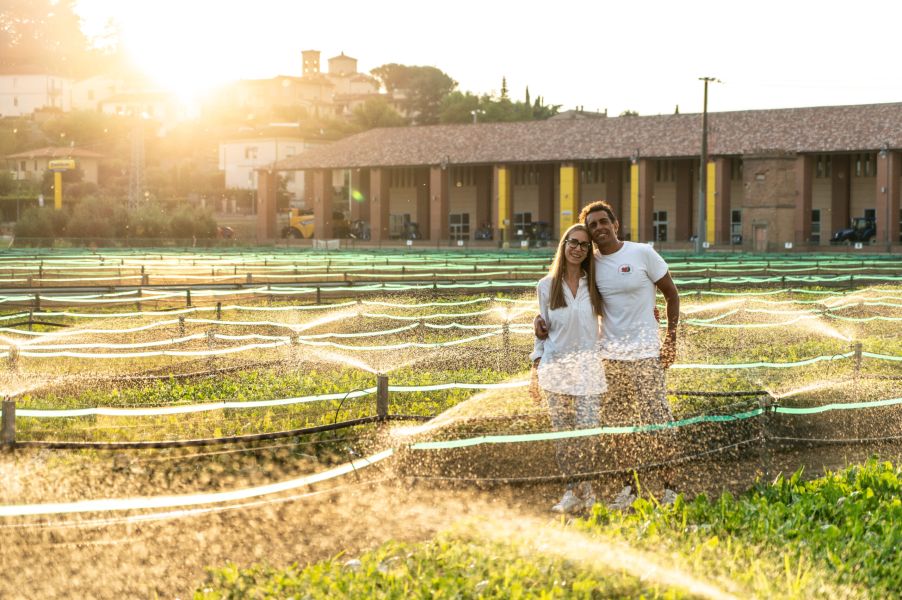 Una coppia sorridente posa tra i recinti irrigati di un allevamento di chiocciole Arcenny Tuscany, illuminato dalla luce calda del tramonto.