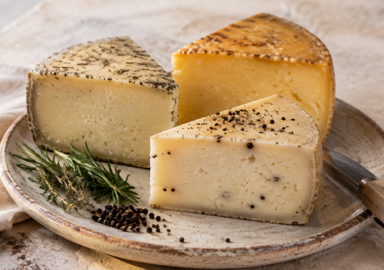 Tre spicchi di formaggio artigianale aromatizzati con erbe, pepe e spezie, disposti su un piatto in ceramica con rosmarino, timo e grani di pepe.