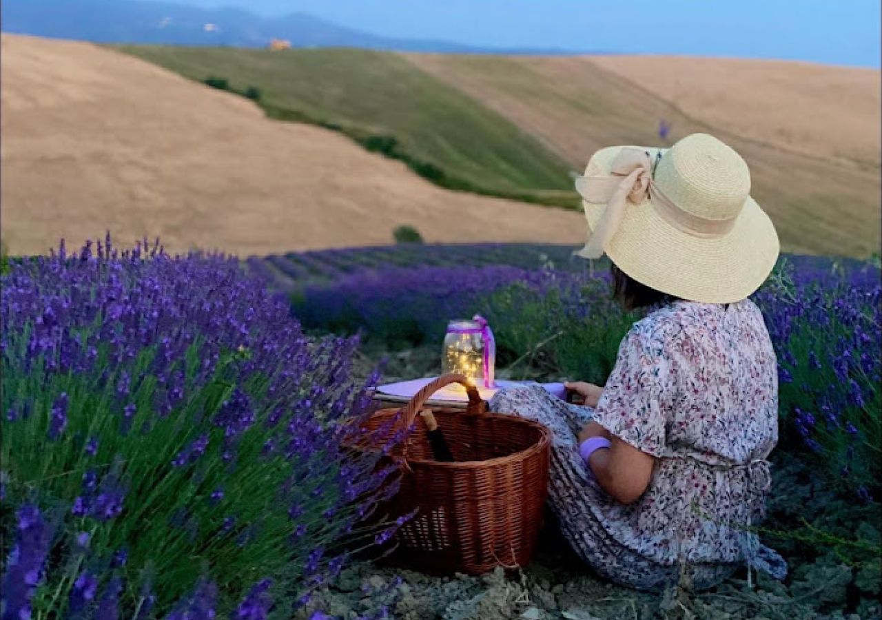 Donna con cappello di paglia seduta tra i filari di lavanda, accanto a un cestino da picnic e a una lanterna, con colline toscane e il mare sullo sfondo.