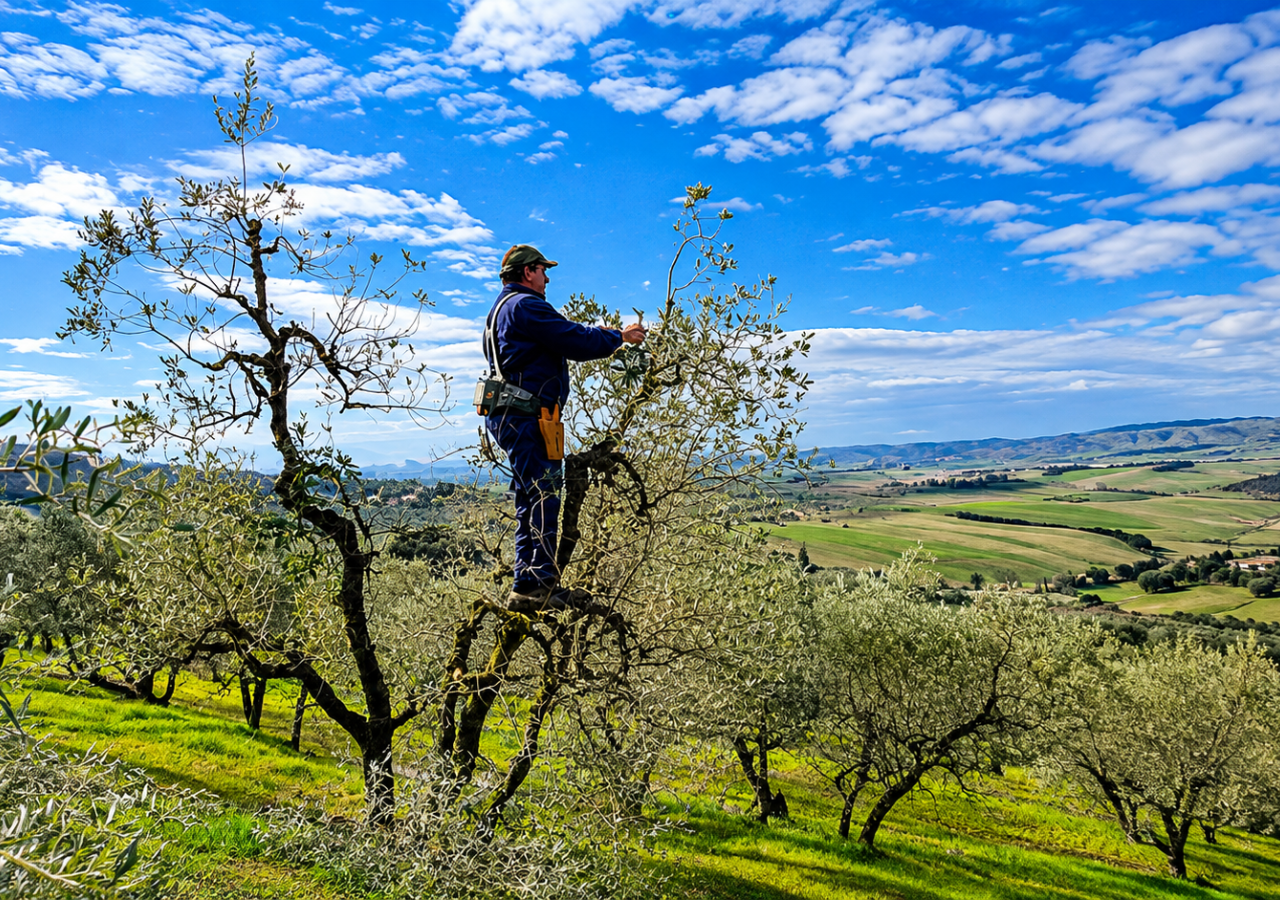 Agricoltore al lavoro tra i rami di un ulivo, in un oliveto sulle colline toscane, con campi e rilievi sullo sfondo sotto un ampio cielo azzurro.