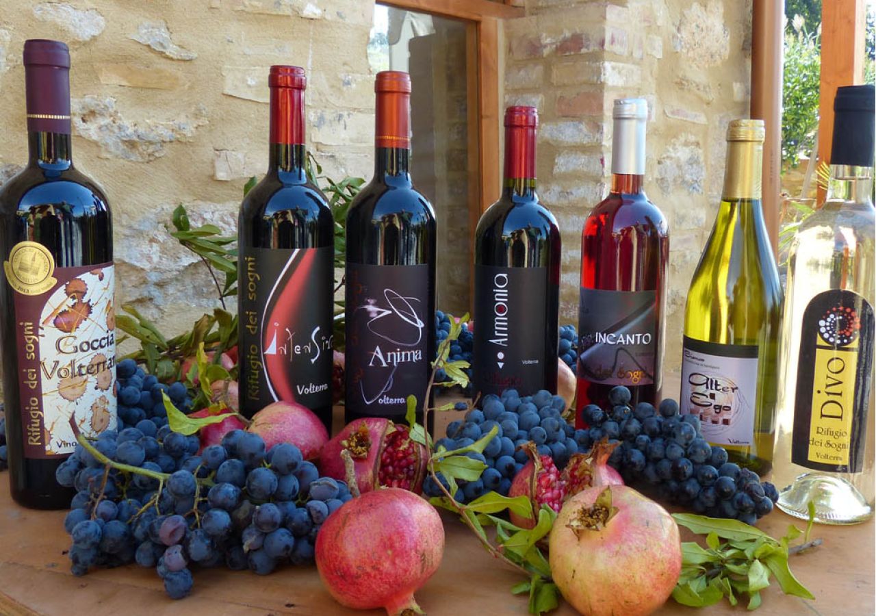 Bottiglie di vino del Rifugio dei Sogni esposte su un tavolo in legno, circondate da grappoli d’uva nera e melograni, sullo sfondo di una struttura in pietra e legno. foto sito rifugioseisogni