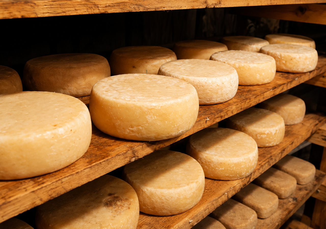 Forme di formaggio artigianale in stagionatura, disposte su scaffali di legno all’interno di un ambiente rustico.