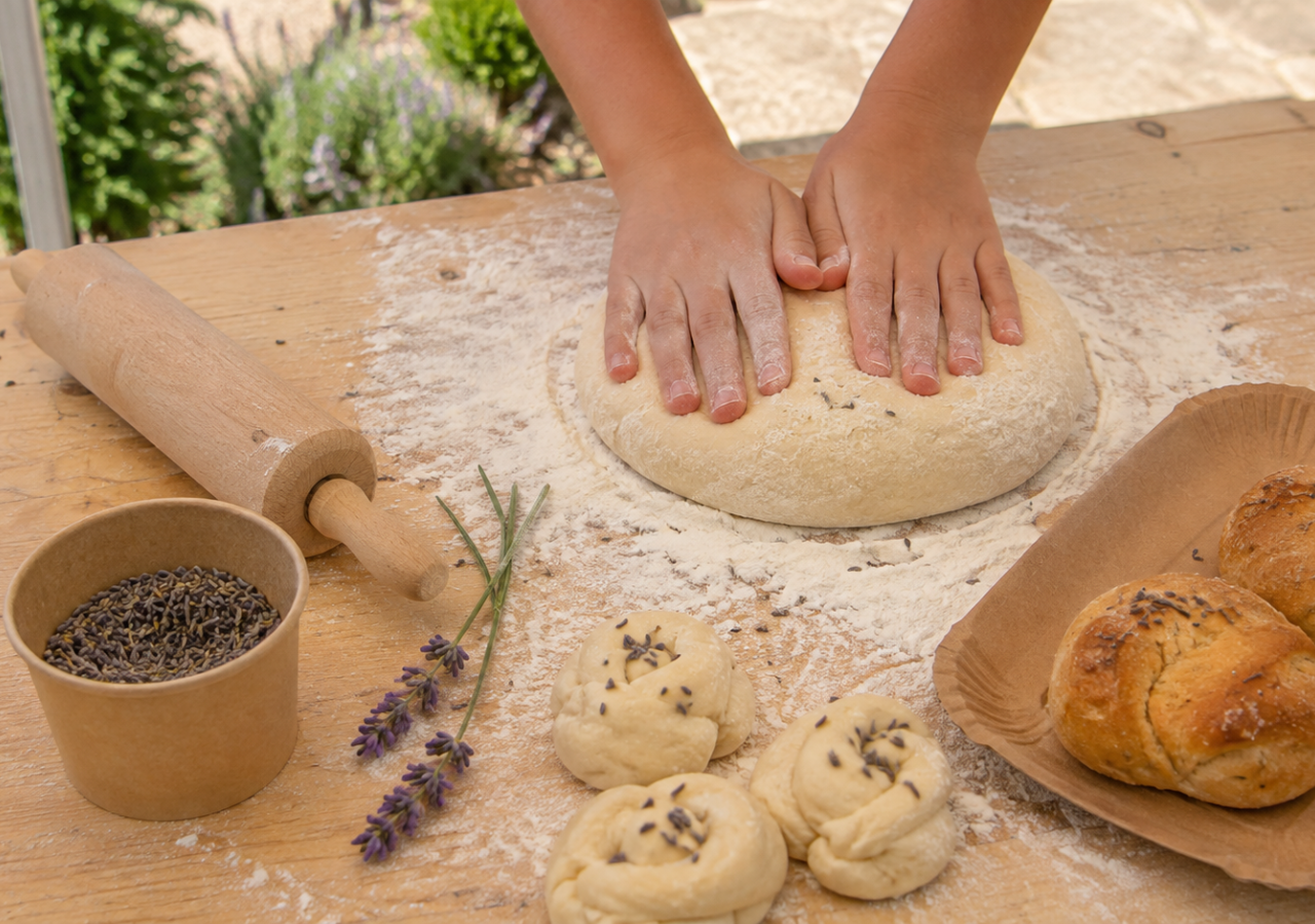 Mani di un bambino lavorano un impasto su un tavolo infarinato all’aperto, accanto a lavanda alimentare, piccoli panini crudi e panificati appena cotti.