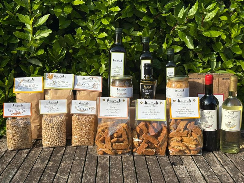 Selezione di prodotti biologici dell’Azienda Agricola Di Grigoli Angela, con farine, legumi, farro, cantucci, olio extravergine di oliva e bottiglie di vino esposti su un tavolo all’aperto.