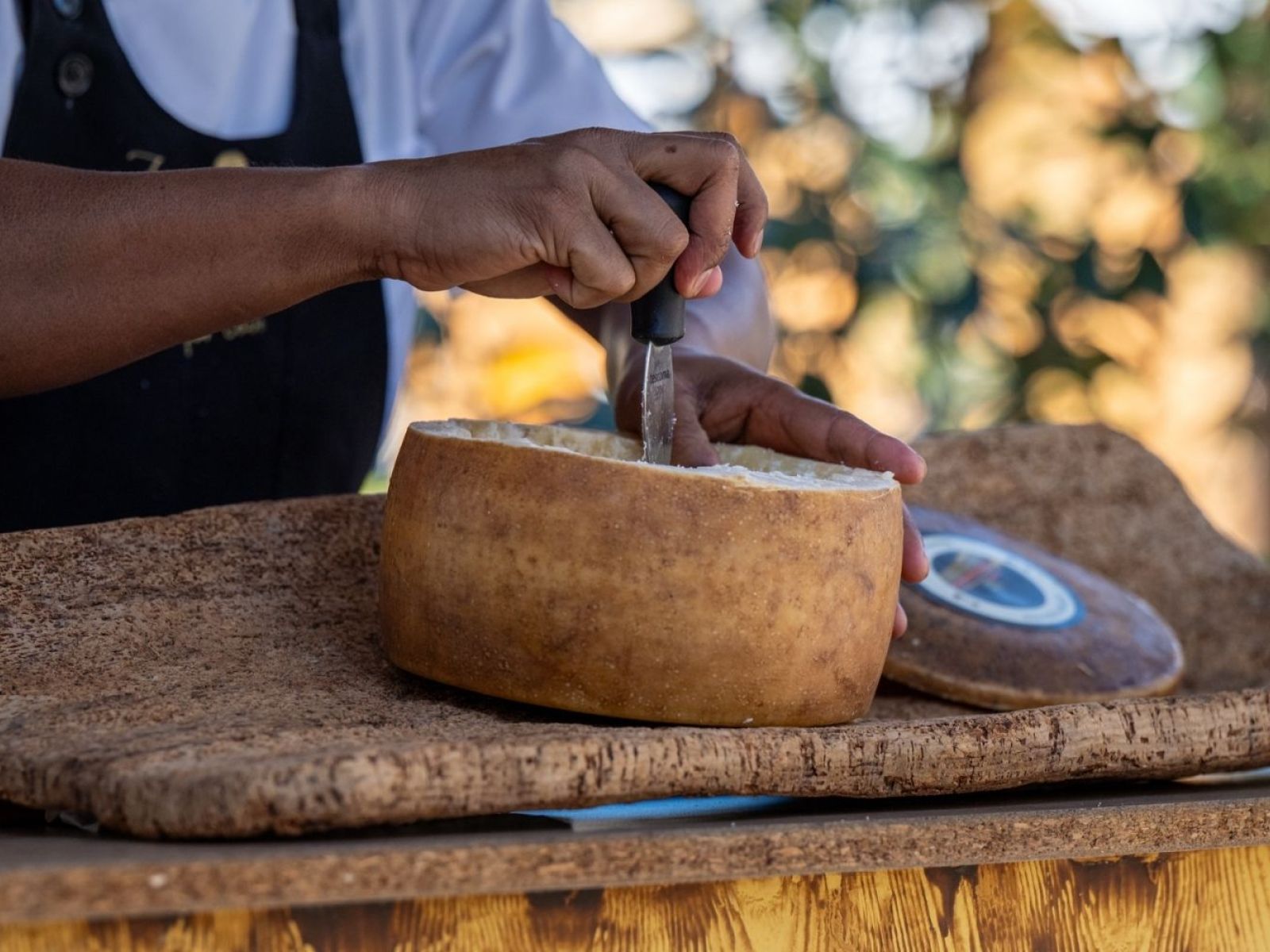 espositore del festival che taglia una forma di formaggio