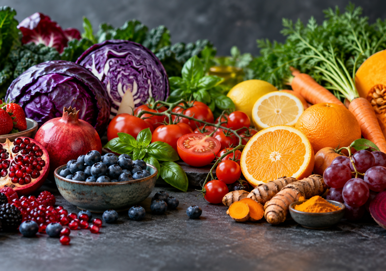 Natura morta fotografica in formato orizzontale con una selezione di frutta, verdura e spezie dai colori vivaci disposte su un piano scuro. In primo piano si vedono melagrana, frutti di bosco, mirtilli, pomodori, uva rossa, barbabietola e curcuma; sullo sfondo cavolo viola, cavolo riccio, basilico, limone, arance, carote e zucca. L’immagine richiama il tema della nutraceutica attraverso la varietà cromatica degli alimenti vegetali.