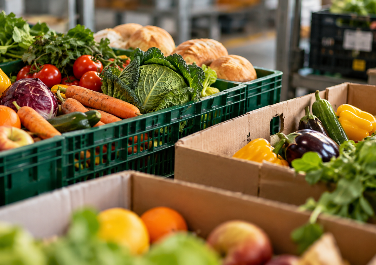 Cassette e scatole colme di frutta, verdura e pane all’interno di un magazzino per la raccolta e la redistribuzione alimentare. In primo piano si vedono mele, arance, carote, pomodori, cavoli, peperoni, melanzane e insalata, mentre sullo sfondo compaiono altre cassette con prodotti freschi. L’immagine richiama il recupero delle eccedenze e la logistica necessaria per ridurre lo spreco alimentare.