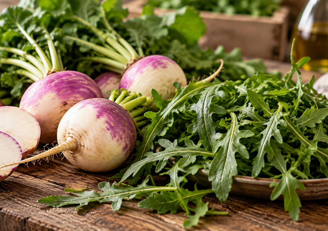 Rape bianche e viola, alcune intere e altre tagliate a metà, disposte su un tavolo rustico accanto a un piatto colmo di rucola fresca. Sullo sfondo si vedono le foglie delle rape, una cassetta di verdure e una bottiglia di olio. L’immagine richiama il sapore pungente e le caratteristiche naturali di rapa e rucola