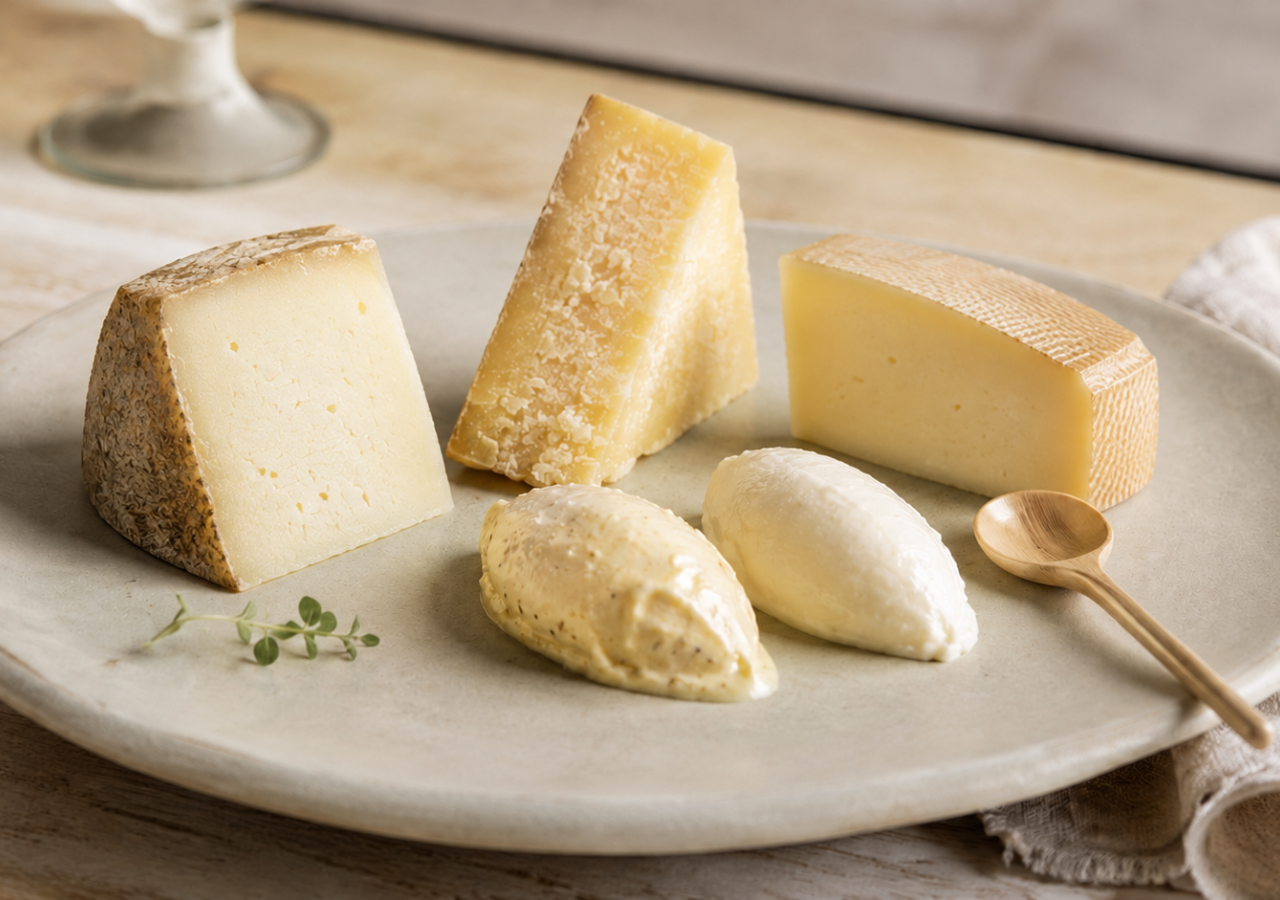 Tre spicchi di pecorino di diverse stagionature accompagnati da due quenelle di gelato artigianale, disposti su un piatto in ceramica con un cucchiaino di legno.