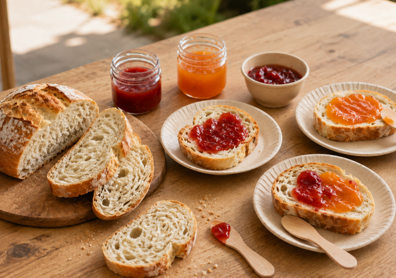 Pane rustico affettato e fette con marmellata di fragole e albicocche, servite su piattini di carta durante una merenda-laboratorio all’aperto.