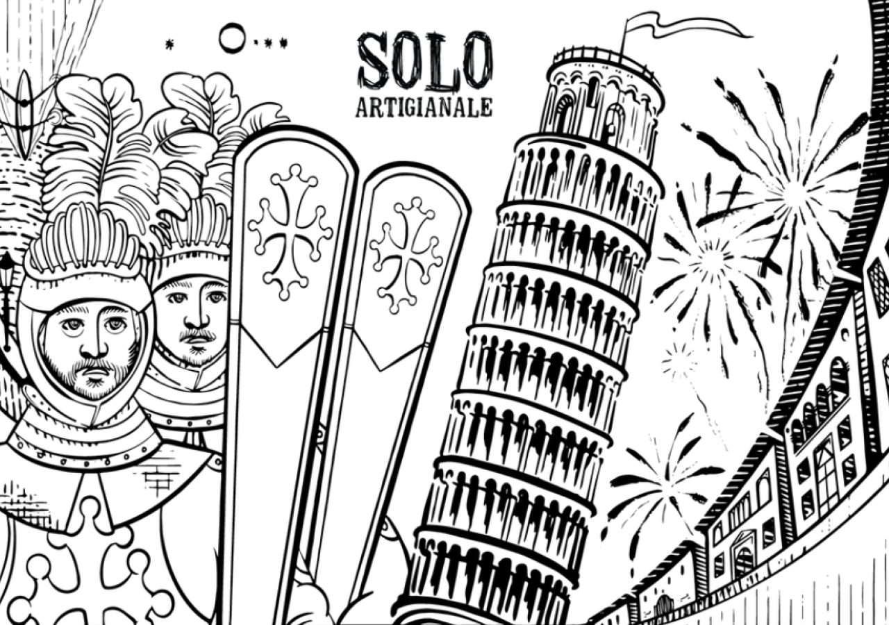 Illustrazione in bianco e nero con cavalieri in abiti storici, scudi con la croce pisana, Torre di Pisa, fuochi d’artificio e scorcio urbano; in alto la scritta “Solo Artigianale”.