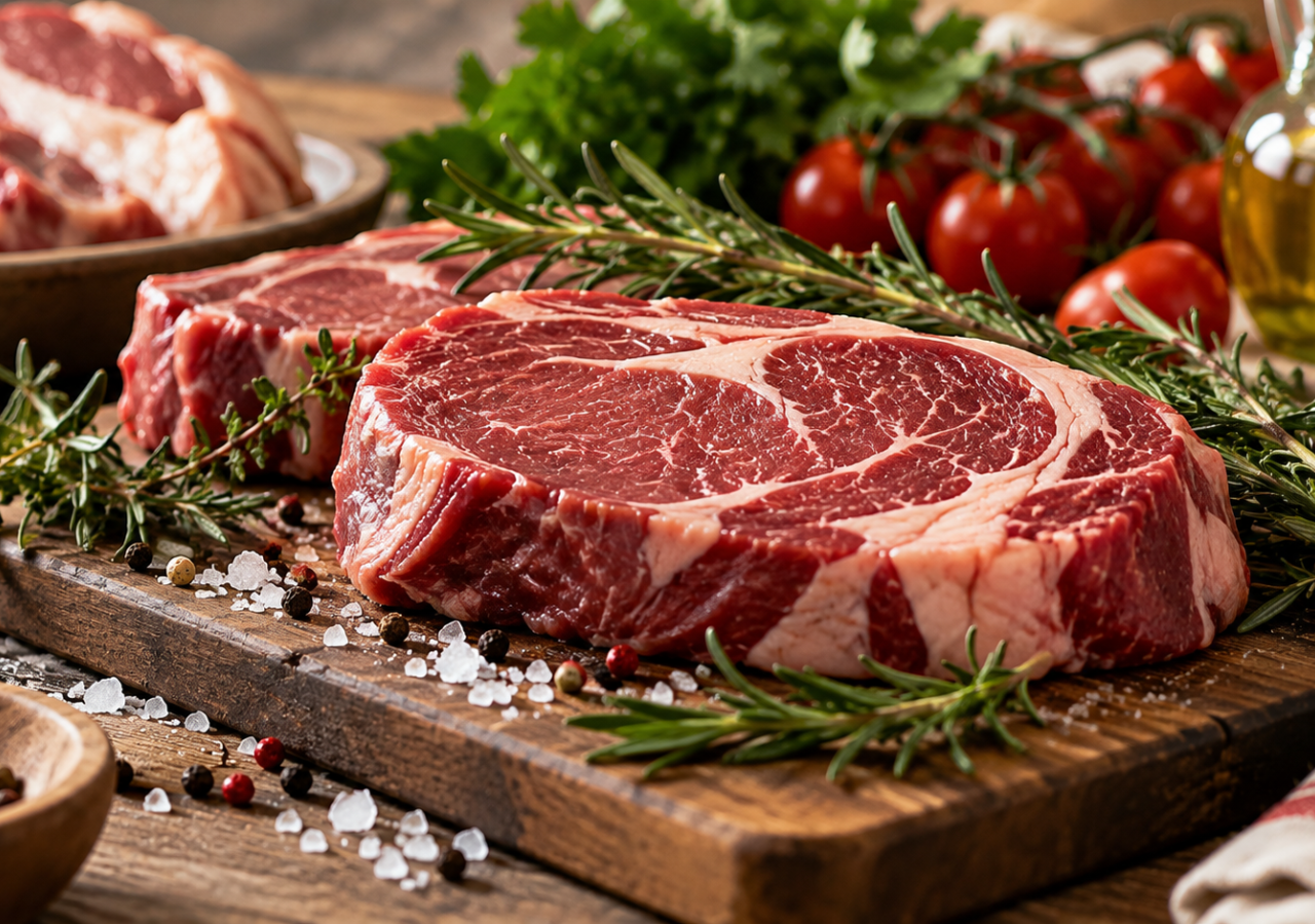 Tagli di carne bovina cruda disposti su un tagliere di legno, con rosmarino, sale grosso e grani di pepe. Sullo sfondo si vedono pomodori, verdure a foglia verde, aglio e una bottiglia di olio. L’immagine richiama il tema della carne e del suo ruolo nell’alimentazione, inserendola in un contesto gastronomico equilibrato
