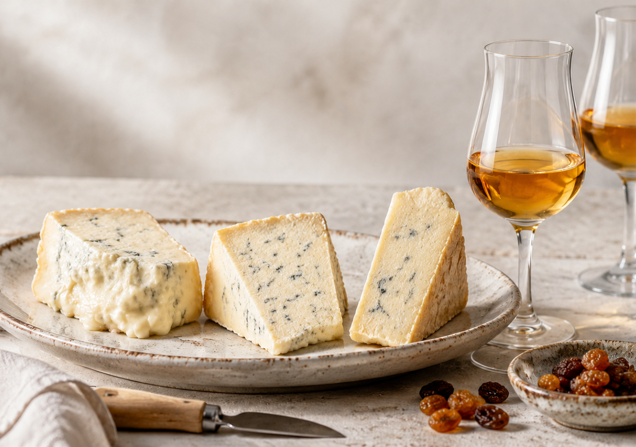 Tre porzioni di formaggio erborinato dalle delicate venature grigio-azzurre, abbinate a due calici di vino passito ambrato.
