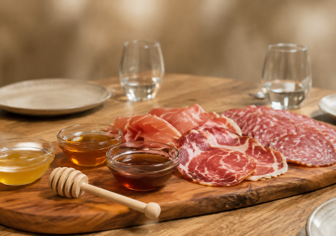 Tagliere con prosciutto, salame e capocollo accompagnati da tre ciotole di miele, su uno sfondo neutro e sfocato